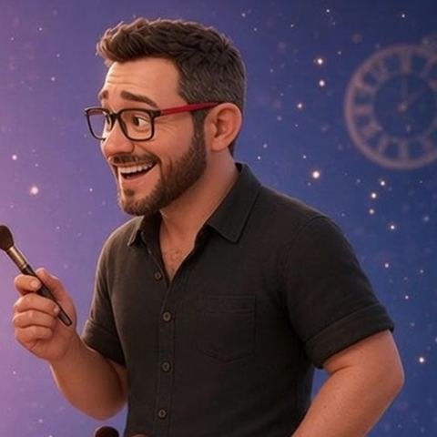 Tio Will, maquiador de óculos segurando um pincel de maquiagem