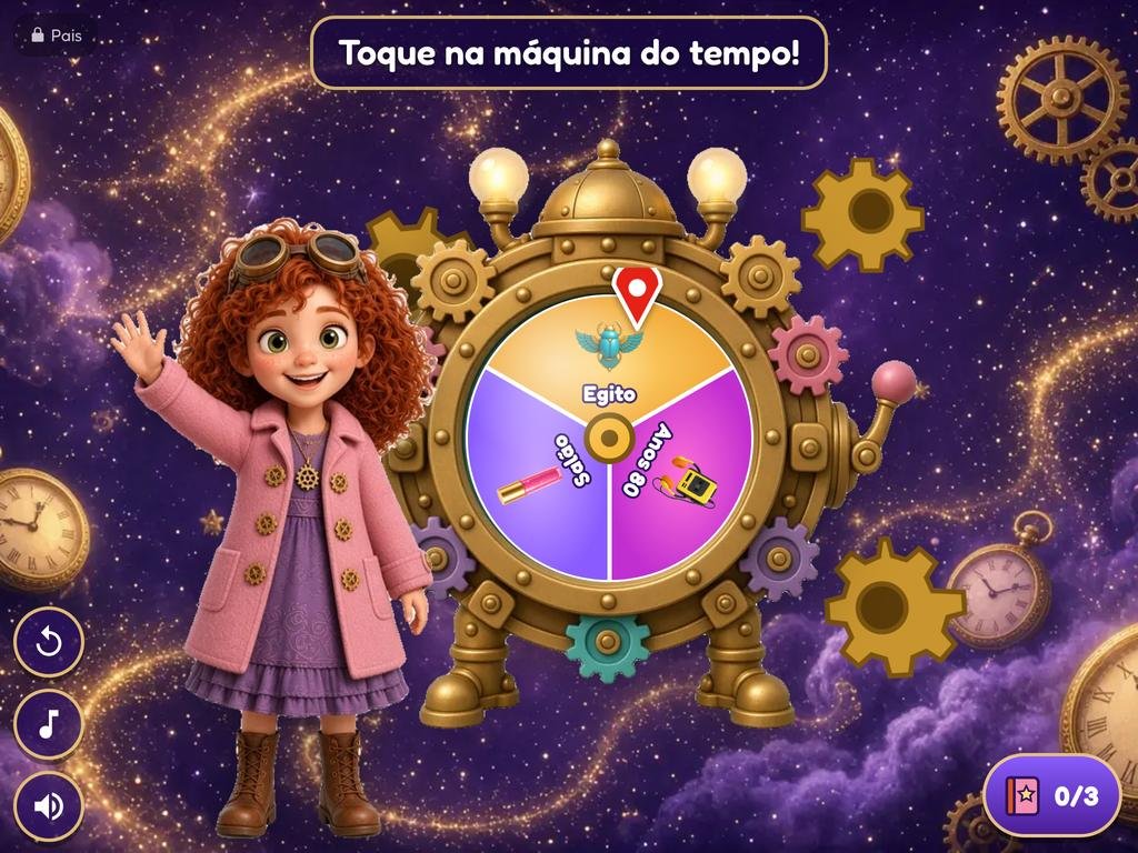 Tela do jogo: a OliOli acena ao lado da máquina do tempo, com uma roleta para escolher Egito, Anos 80 ou Salão